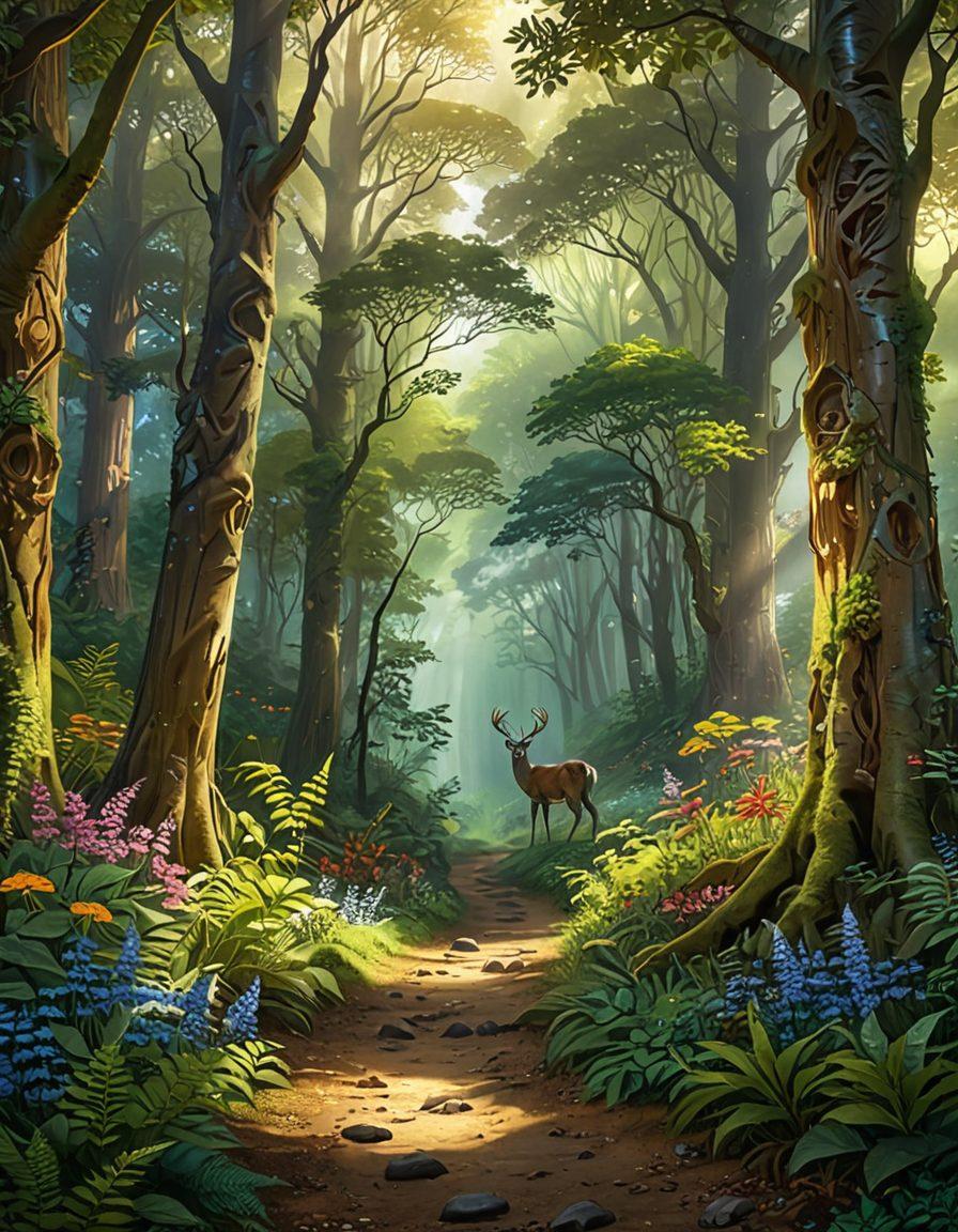 A mystical forest filled with towering ancient trees, dappled sunlight breaking through the lush green canopy, and a winding path leading to a breathtaking mountain vista in the background. Enchanted wildlife peeks through the foliage, offering glimpses of vibrant colors in the foliage and flowers along the path. Capture the serene beauty and magic of nature’s tranquility. super-realistic. vibrant colors. 3D.