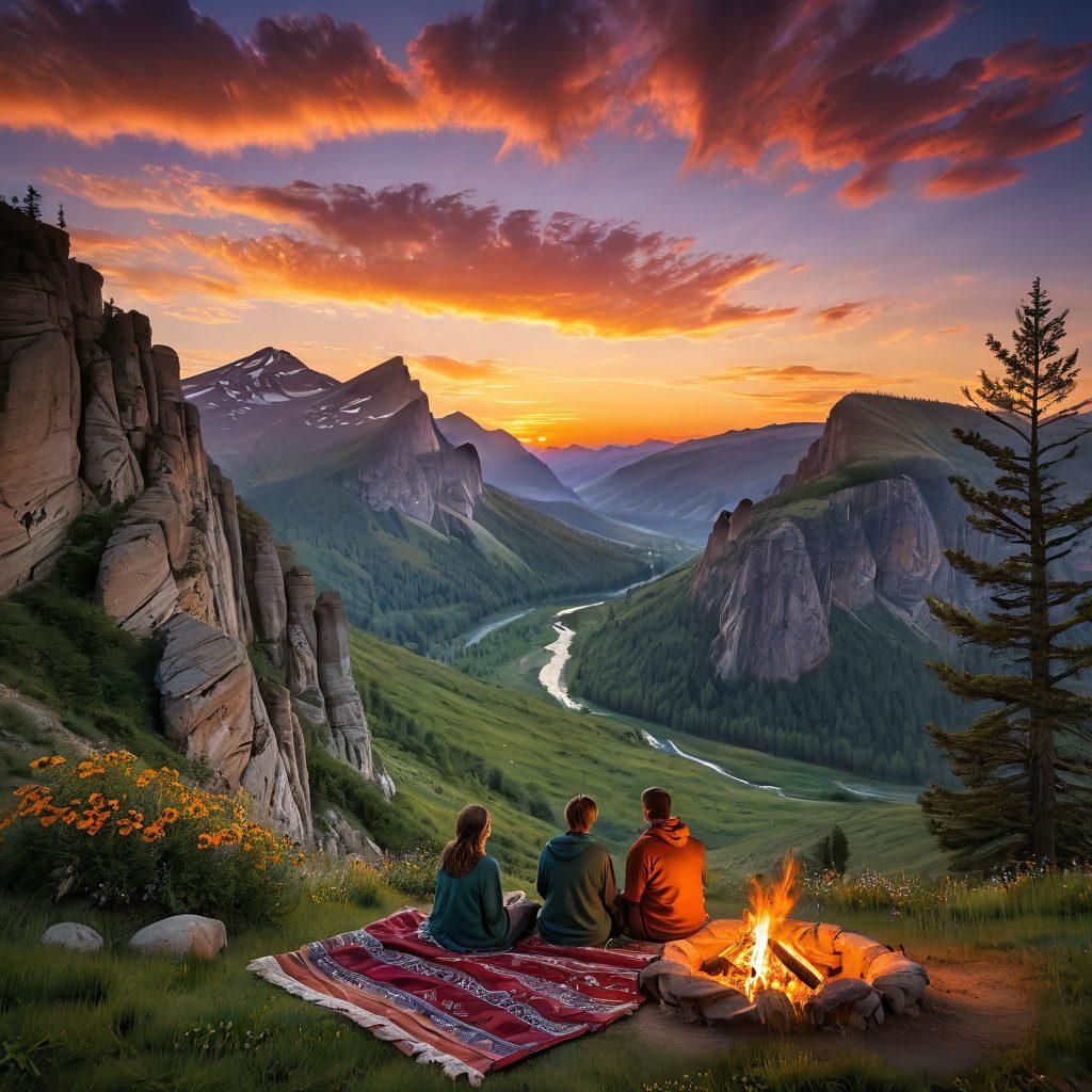 A serene couple holding hands while standing on a cliff overlooking a lush green valley, surrounded by towering mountains and a sunset sky painted in warm hues. Include a cozy campfire in the foreground, with blankets and a picnic setup. Enhance the image with wildlife such as birds flying in the background and vibrant wildflowers blossoming at their feet. 3D. vibrant colors. dreamy atmosphere.