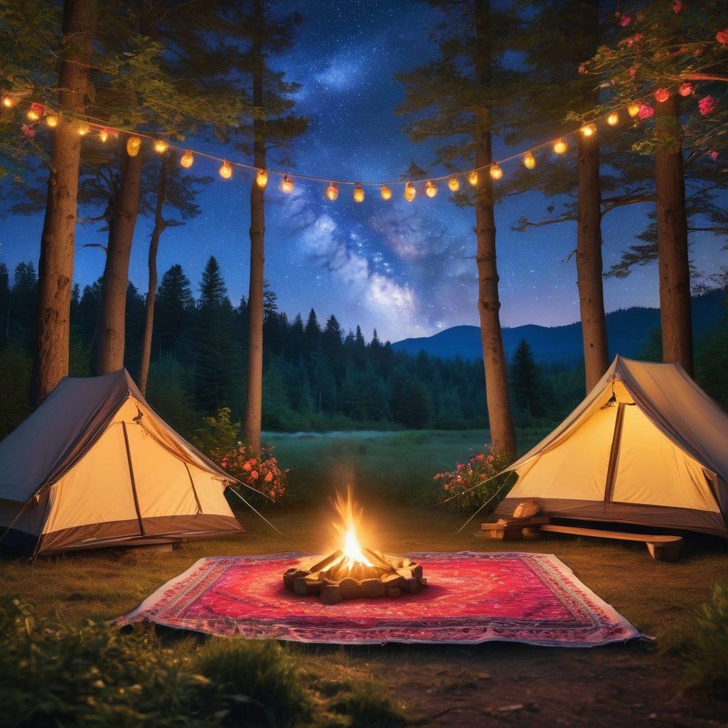 A cozy campsite nestled in a lush forest, featuring a romantic setup with a tent, flickering lanterns, and a small campfire. Wildlife can be seen in the background, like deer and birds, all under a starlit sky. Add elements of love, such as a picnic blanket and a heart-shaped wreath made of flowers. Inspired by a serene, dreamy atmosphere. super-realistic. vibrant colors. night scene.